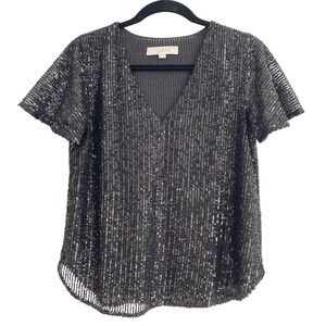 LOFT Black Sequin V-Neck Short Sleeve Blouse Striped Mesh Party Top XXS